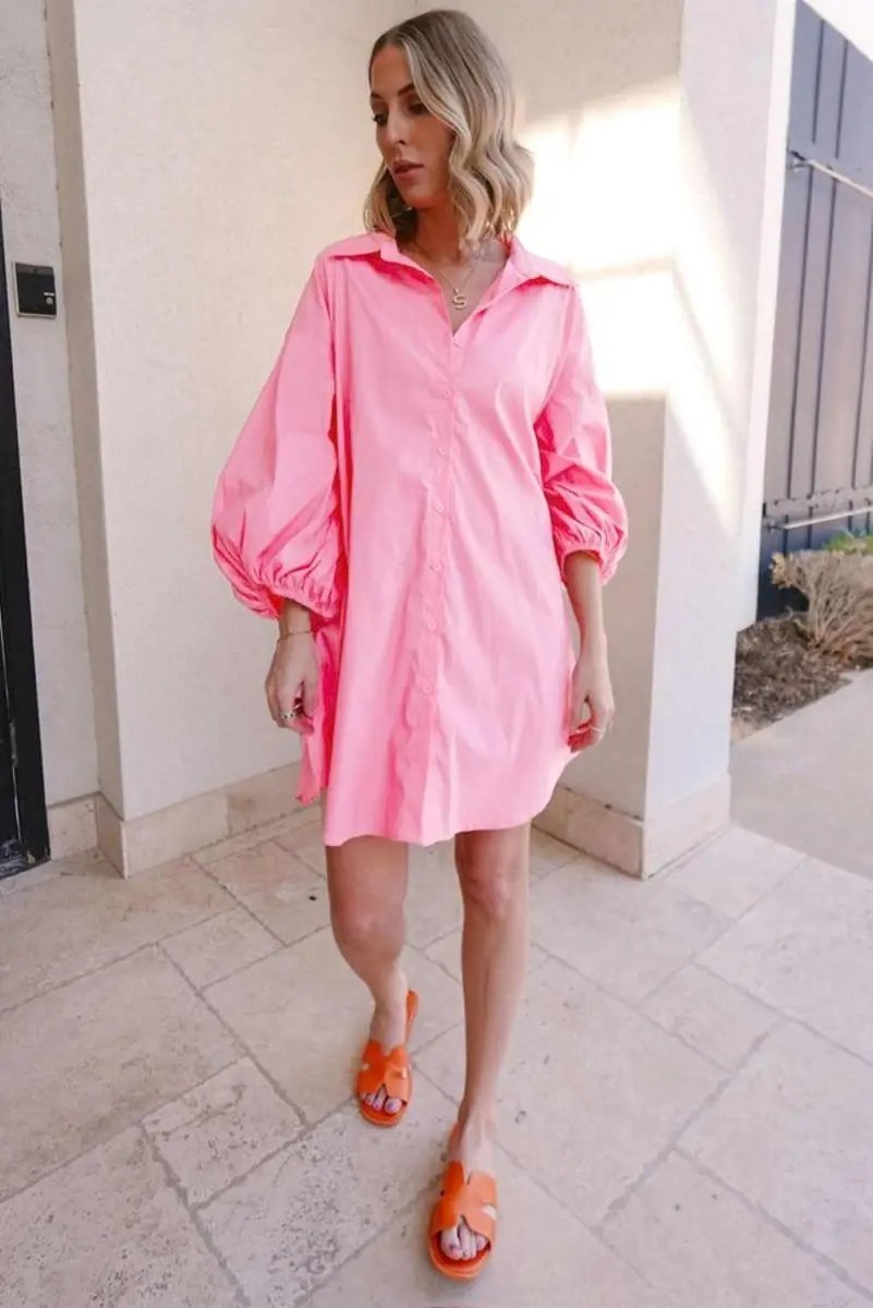 Bright Pink Balloon Sleeve Button Up Mini Shirt Dress - Love Salve